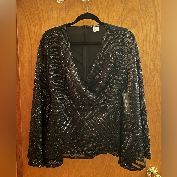 VENUS Tops - Black sequin blouse (holiday top, christmas party top)